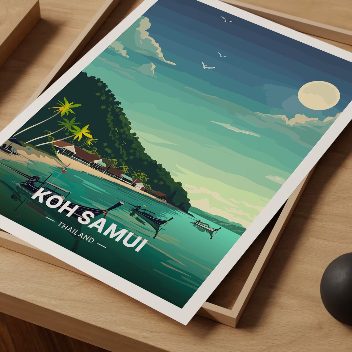 Koh Samui Thailand Longtail Boats Moonlit Bay Palm Beach Poster - Image 3