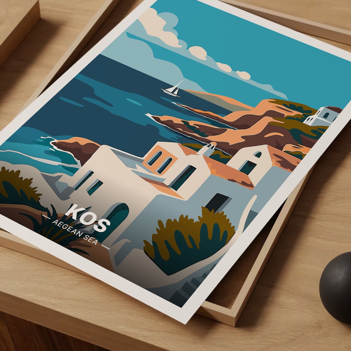 Kos Aegean Sea Travel Poster Greek Island White Houses Sailboat Art - Image 3