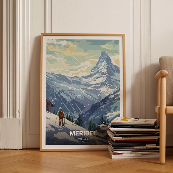 French Alps Ski Resort Travel Poster Meribel Mottaret Retro Mountain Art Skiing Snowboarding Wall Decor Home Office Artwork C20 1673