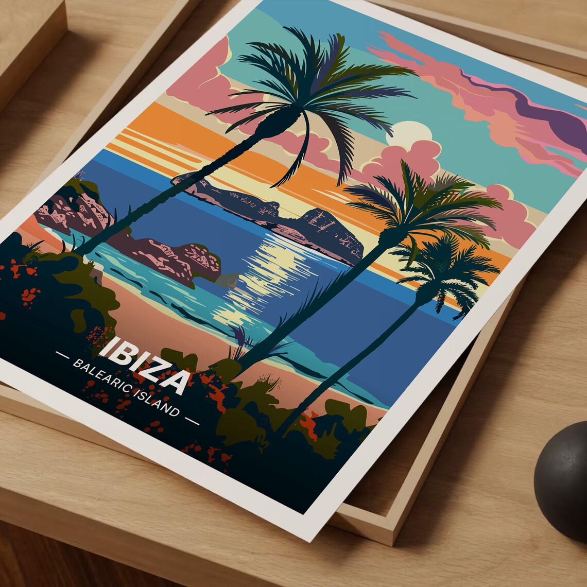 Ibiza Balearic Island Sunset Palm Silhouette Sea View Poster - Image 3