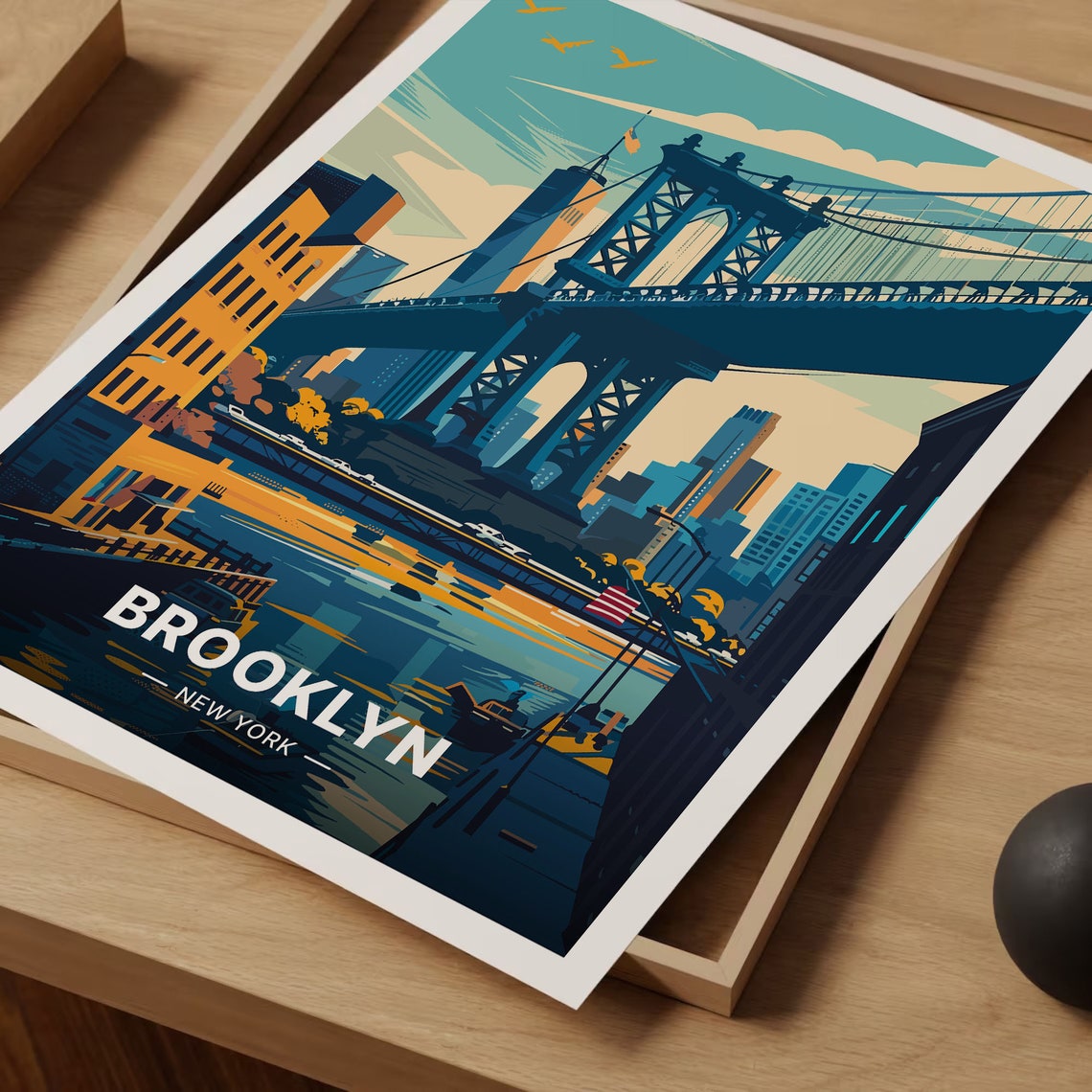 Brooklyn New York Suspension Bridge Skyline River View Travel Poster - Image 3