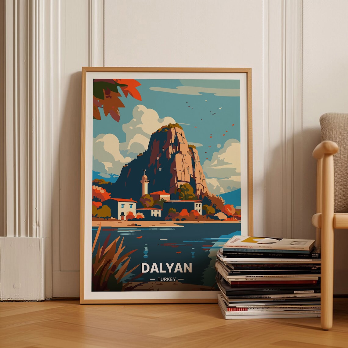 Dalyan Turkey Rock Cliff Waterfront Houses Coast Vintage Travel Poster