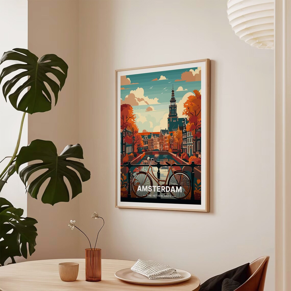 Amsterdam Netherlands Canal Bicycle Autumn Cityscape Travel Poster - Image 2