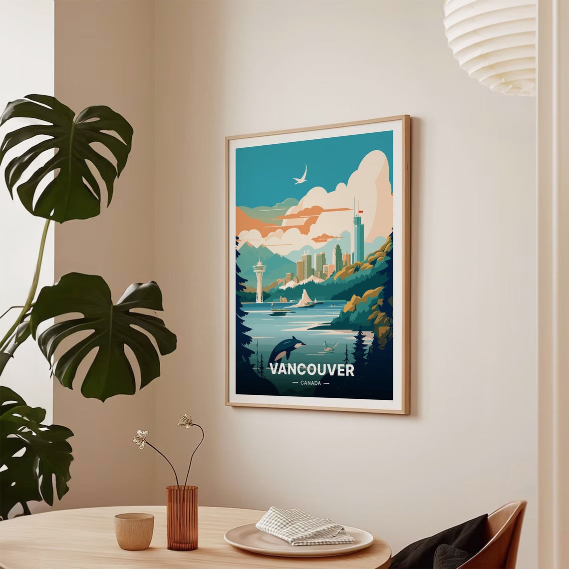 Vancouver Canada Harbor Mountains Orca Whale Scene Travel Poster - Image 2