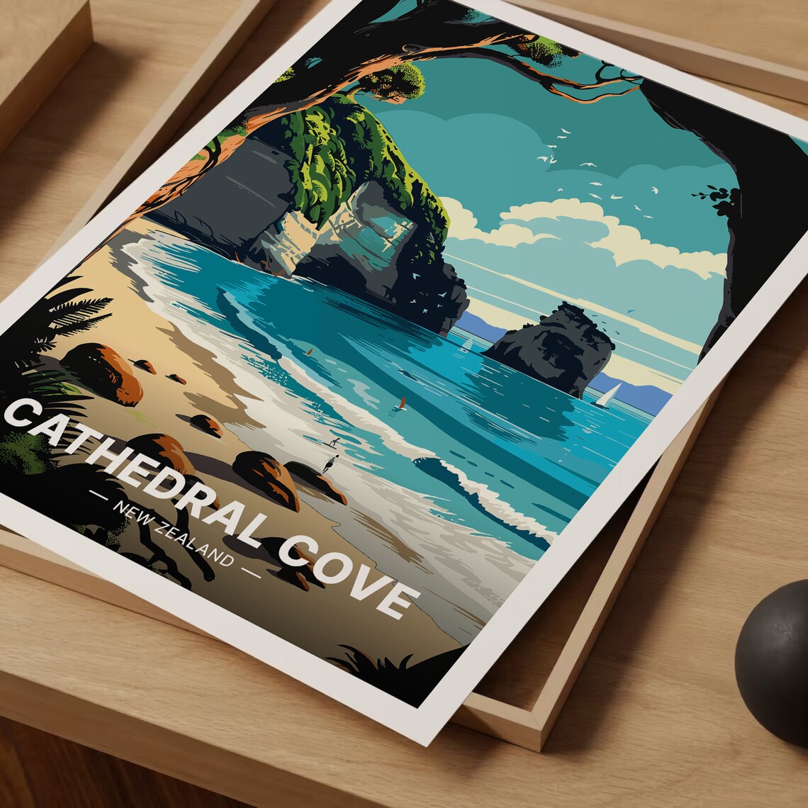 Cathedral Cove New Zealand Sea Arch Beach Coastal Travel Poster Art - Image 3