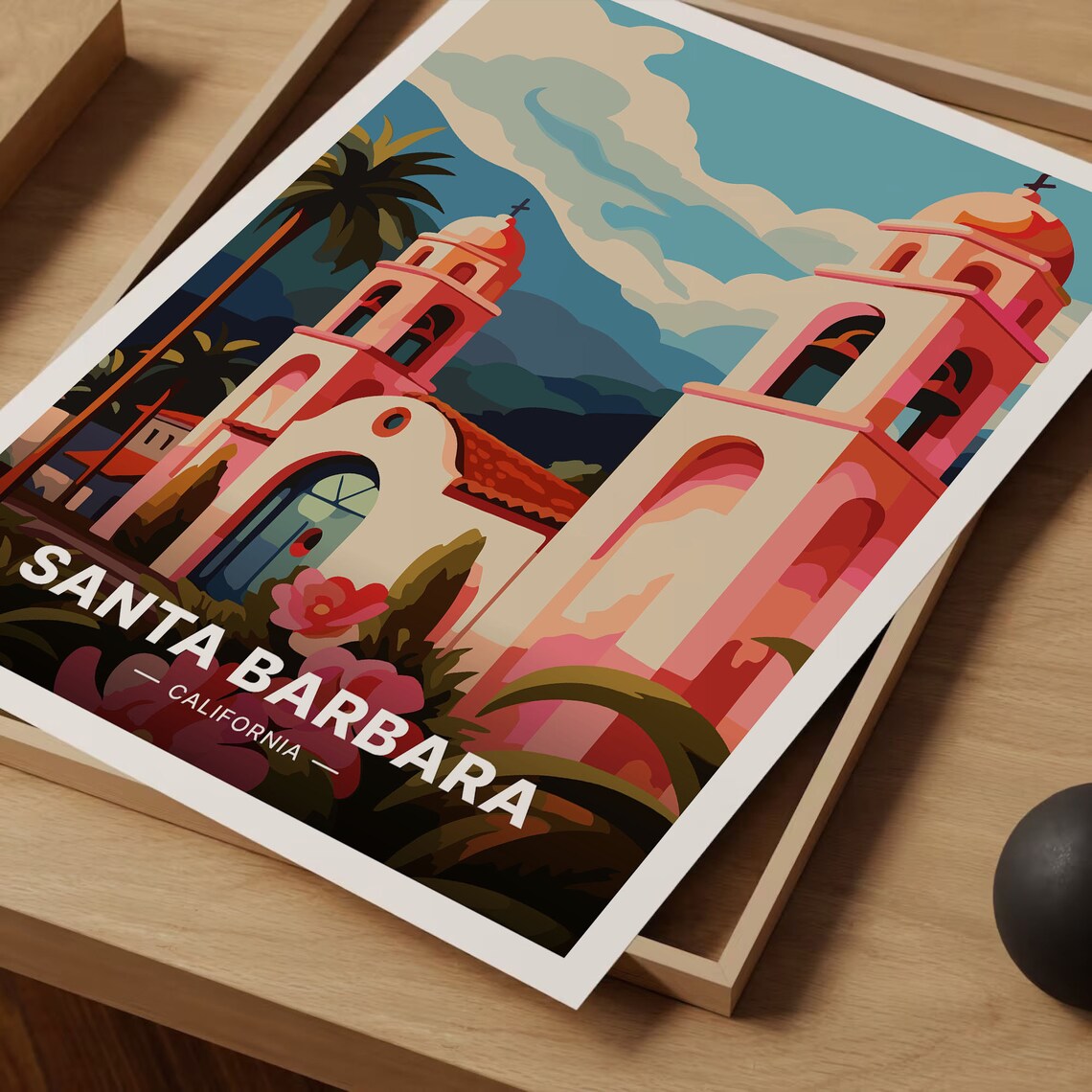 Santa Barbara California Mission Bell Tower Palm Vintage Travel Poster - Image 3