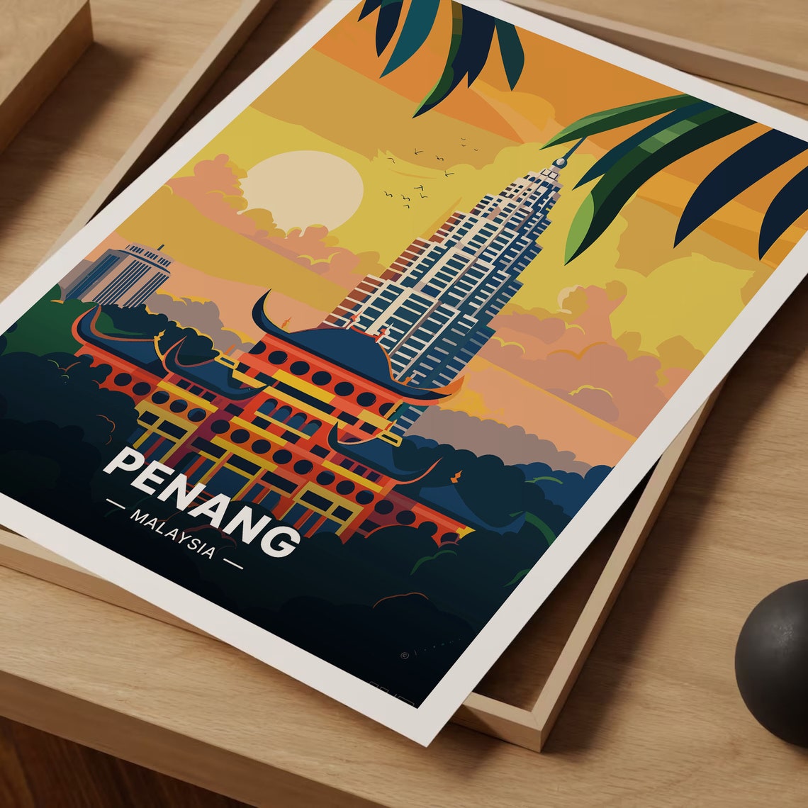 Penang Malaysia Temple Tower Sunset Palm Fronds Travel Poster - Image 3