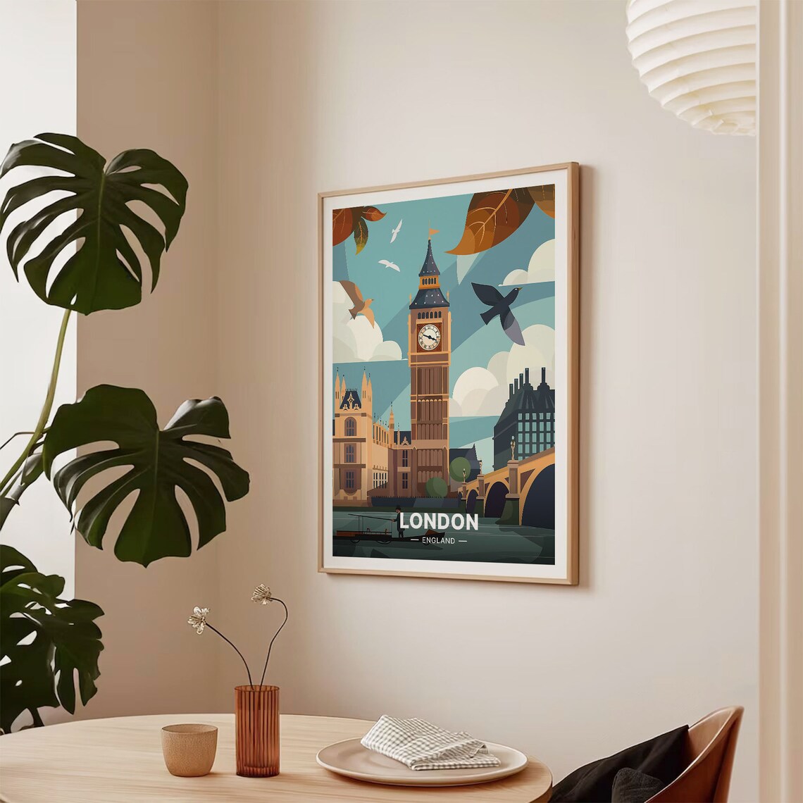 London England Big Ben Westminster Autumn Birds Vintage Travel Poster - Image 2