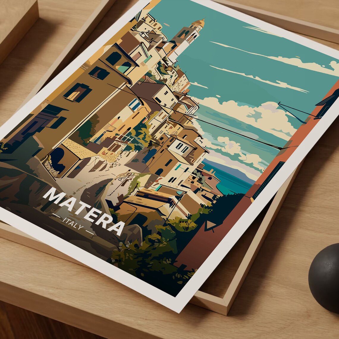Matera Italy Travel Poster Ancient Hill Town Stone Houses Scene Art - Image 3
