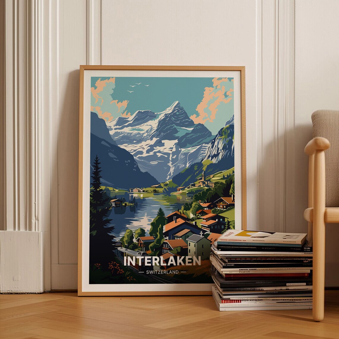 Interlaken Vintage Travel Poster, Switzerland Landscape