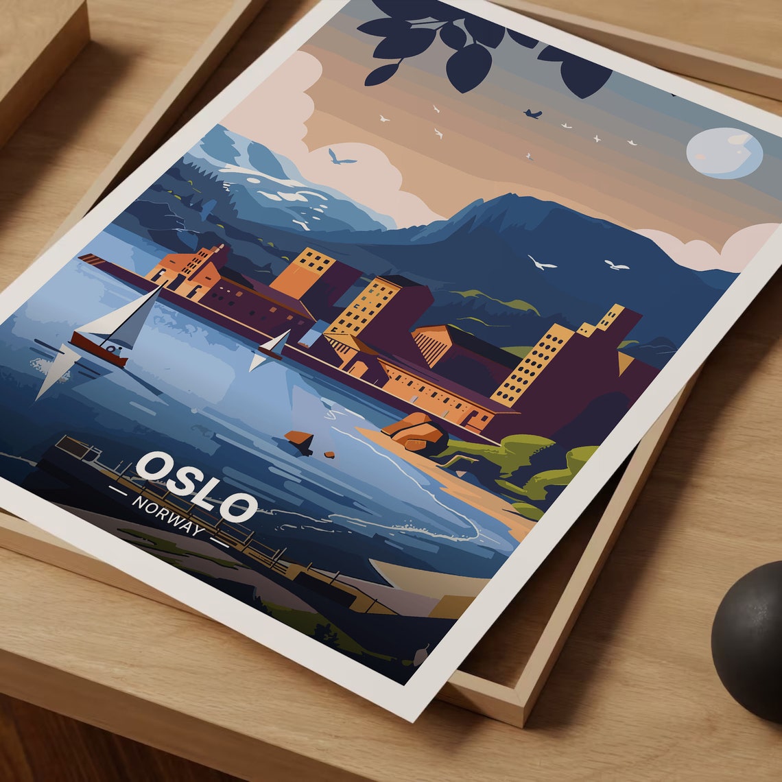 Oslo Norway Travel Poster Fjord Waterfront Sailboats Moonlit Sky Art - Image 3