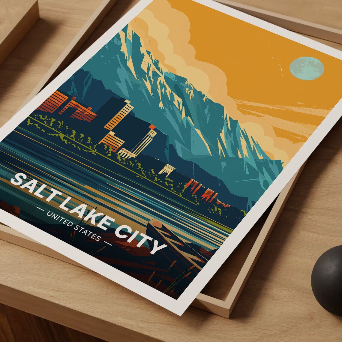Salt Lake City Utah Mountains Lake Moon Retro Vintage Travel Poster - Image 3