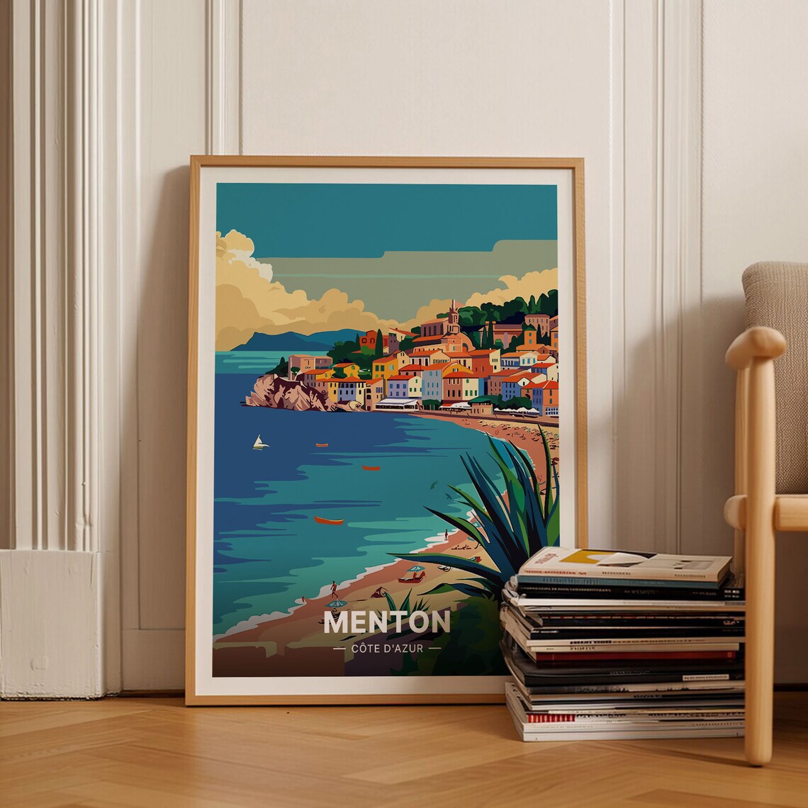Menton Cote D'Azur Travel Poster French Riviera Beach Bay Scene Art