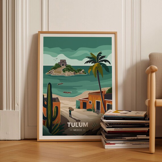 Tulum Mexico Caribbean Beach Mayan Ruin Vintage Travel Poster
