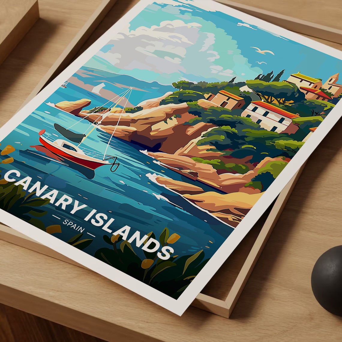 Canary Islands Spain Rocky Cliffs Sailboat Harbor Travel Poster - Image 3