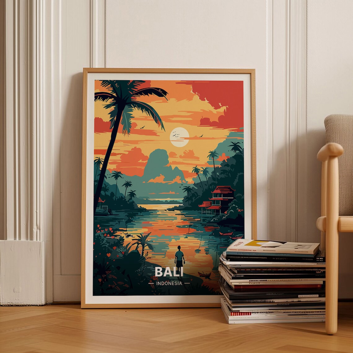 Bali Indonesia Tropical Sunset Palm Lagoon Vintage Travel Poster