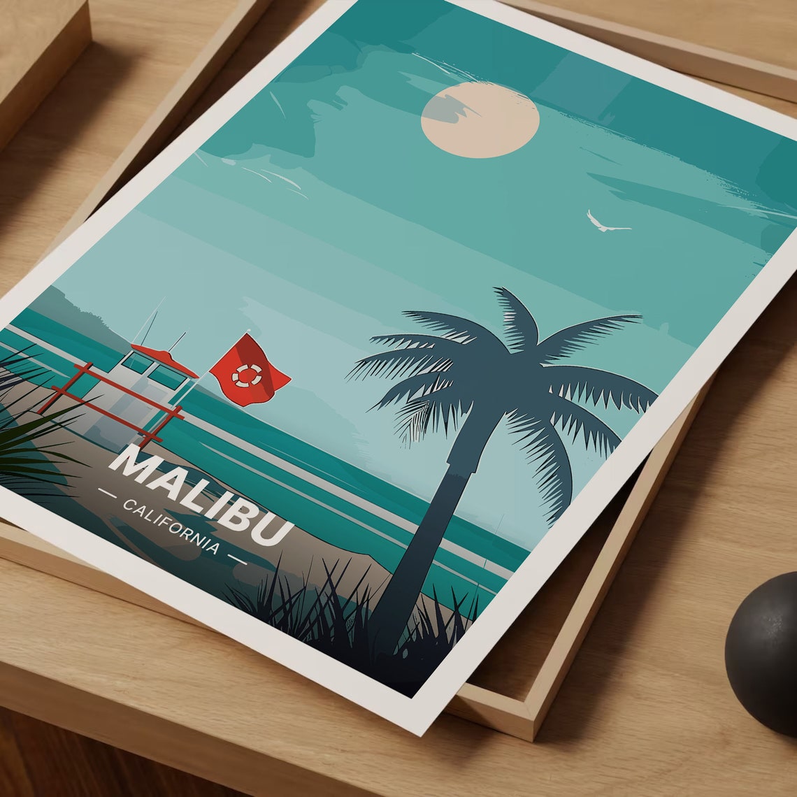 Malibu California Vintage Beach Lifeguard Tower Palm Sunset Poster - Image 3