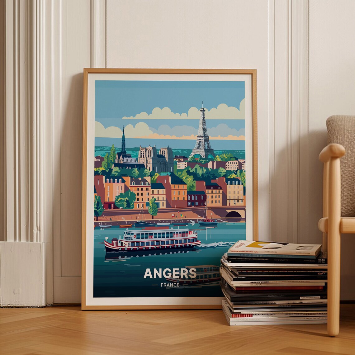 Angers France Riverside Cityscape Tower Cruise Boat Travel Poster