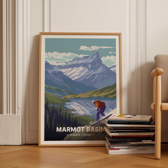 Marmot Basin Alberta Poster Snowboarder Mountain Lake Retro Art
