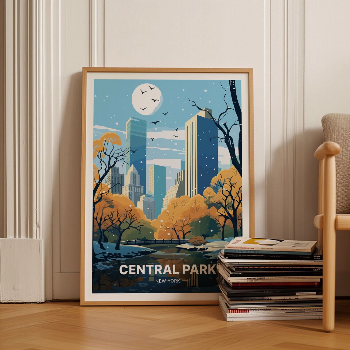 Central Park New York Travel Poster Winter Snow Skyline Scene Art