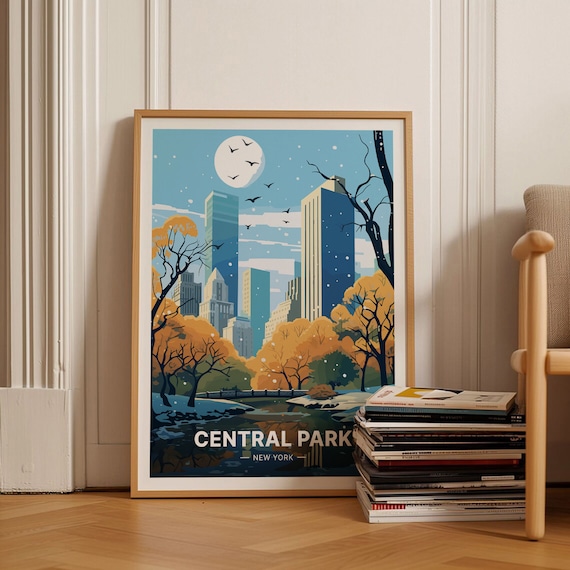 Central Park New York Travel Poster Winter Snow Skyline Scene Art