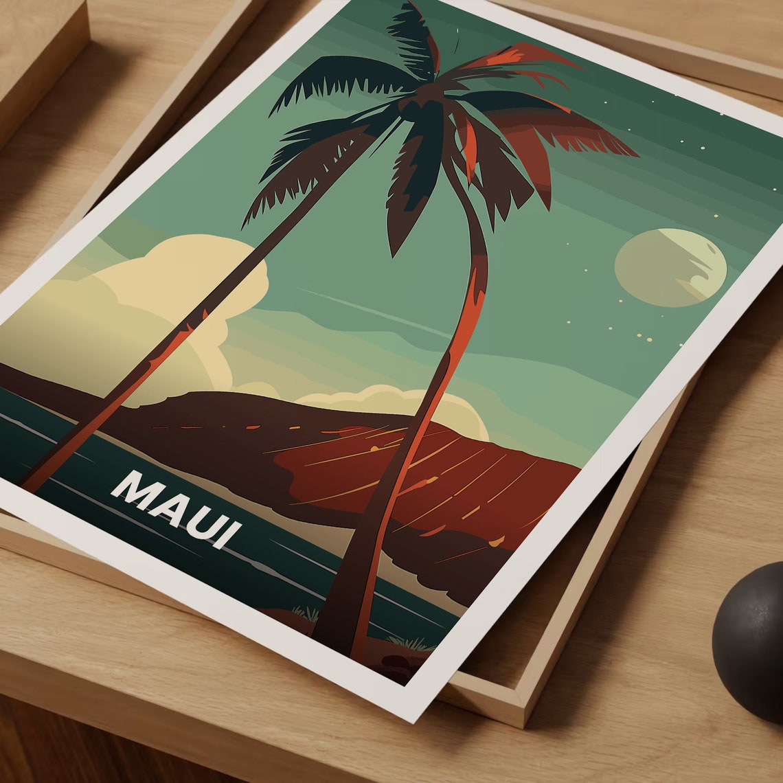 Maui Hawaii Moonlit Palm Trees Island Ocean Night Vintage Poster - Image 3