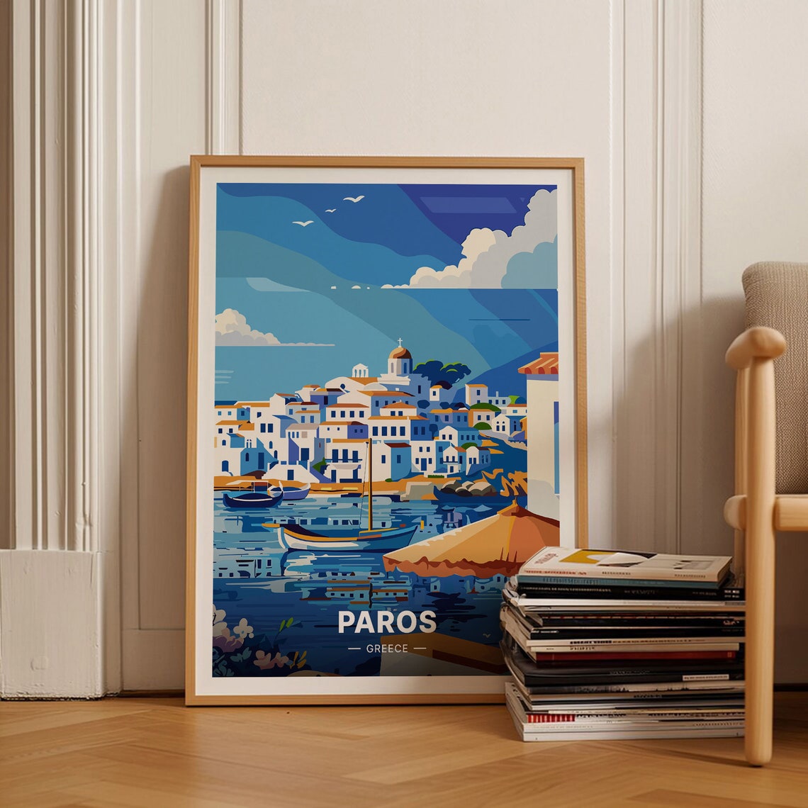 Paros Greece Whitewashed Town Harbor Boats Aegean Travel Poster