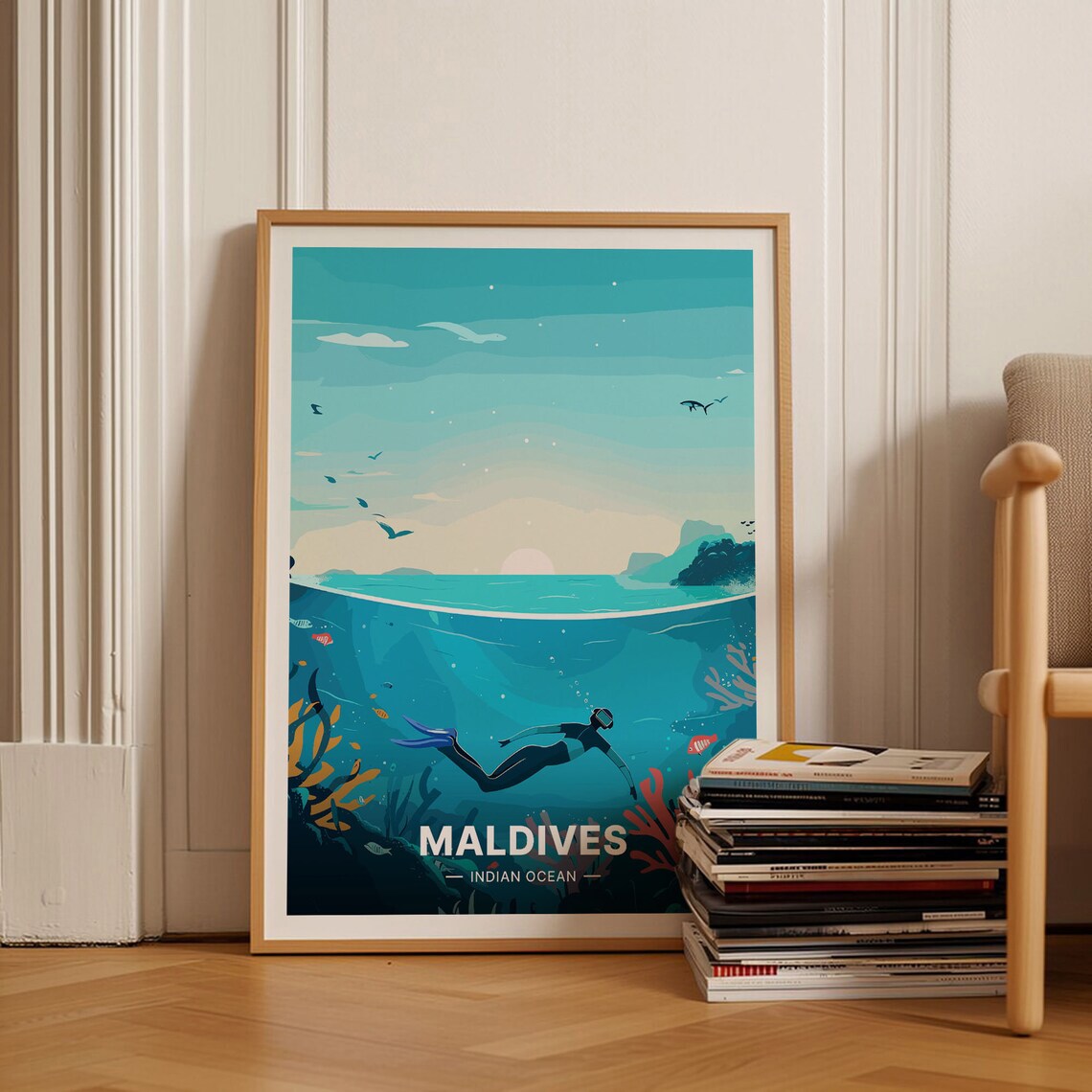 Maldives Indian Ocean Snorkeling Coral Sunset Vintage Travel Poster