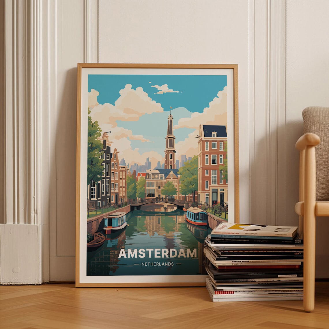 Amsterdam Vintage Travel Poster, Netherlands Cityscape
