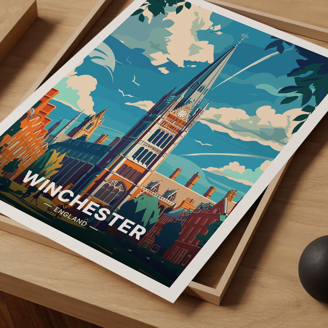Winchester England Travel Poster Cathedral Tower Historic City Art - Image 3