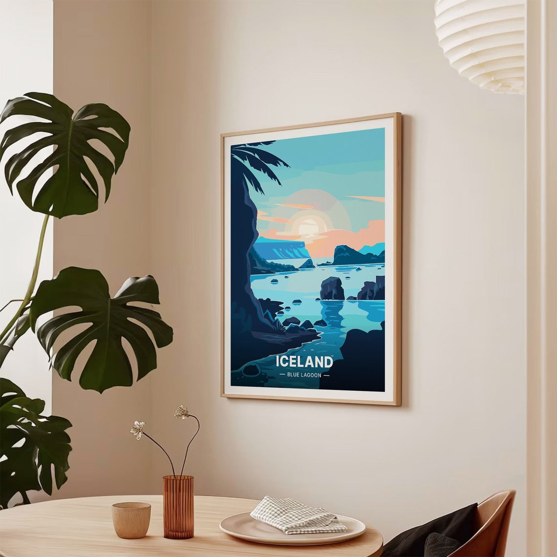 Iceland Blue Lagoon Sunset Coastal Cliffs Illustrated Travel Poster - Image 2