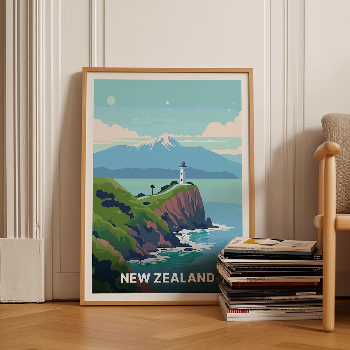 New Zealand Lighthouse Cliff Coast Snowy Mountain Travel Poster