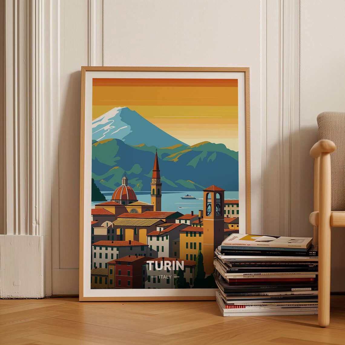 Turin Italy Golden Cityscape Mountain Sunset Italian Travel Poster
