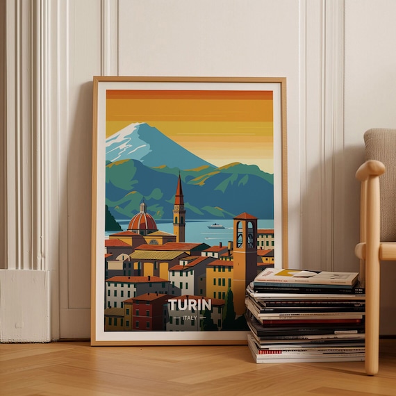 Turin Italy Golden Cityscape Mountain Sunset Italian Travel Poster