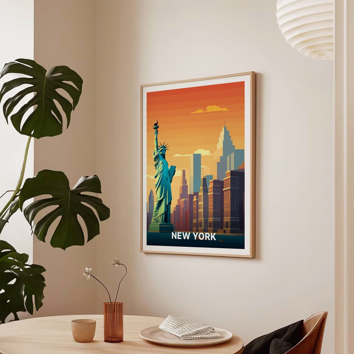 New York Statue of Liberty Sunset Skyline Retro Travel Poster - Image 2