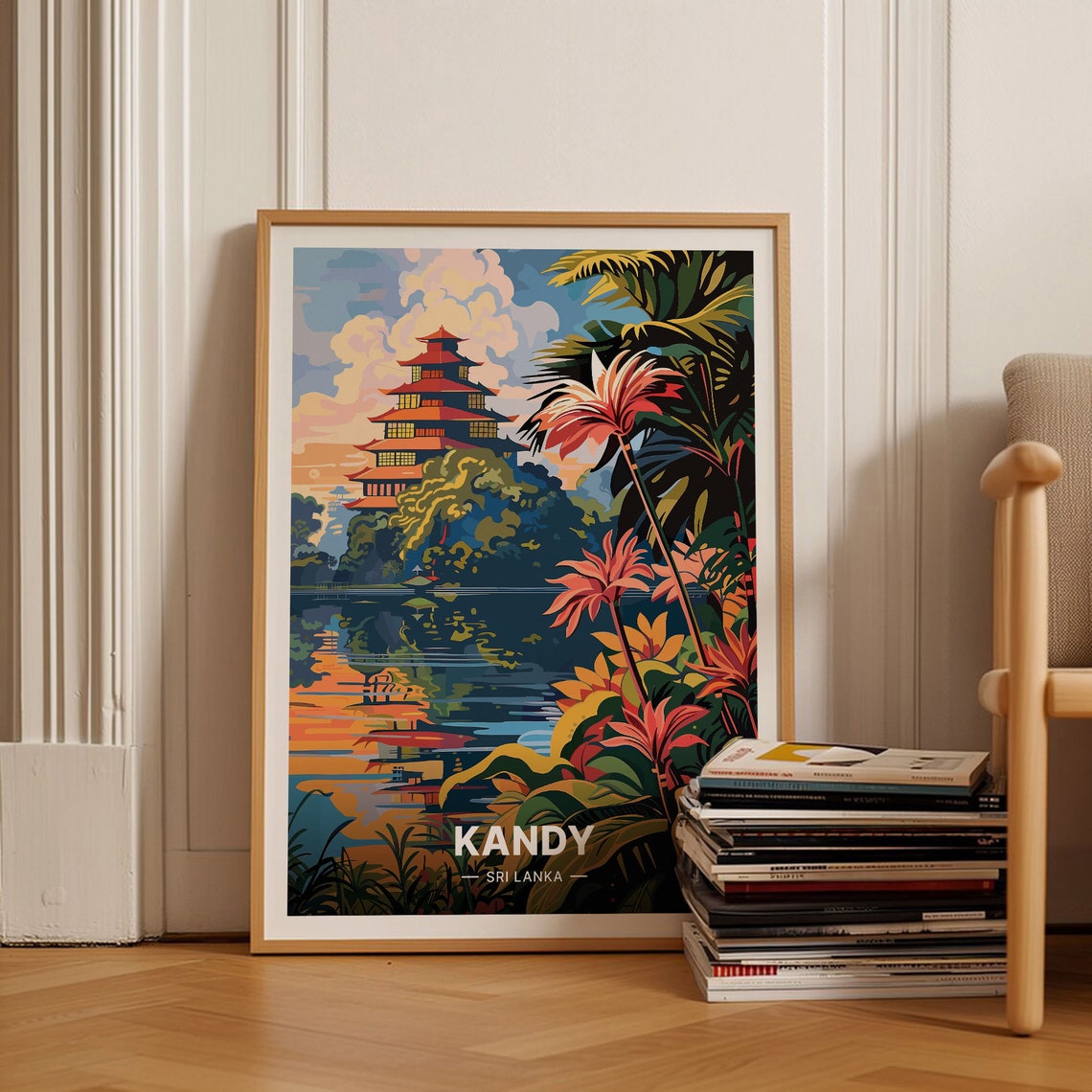 Kandy Sri Lanka Temple of the Tooth Lakeside Sunset Travel Poster