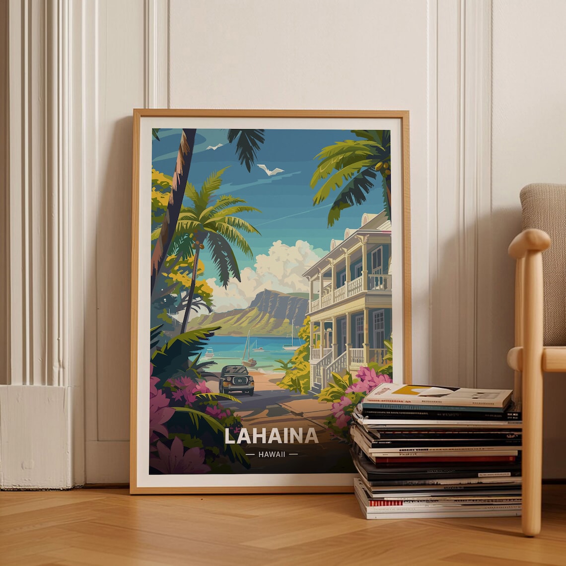Hawaii Lahaina Travel Poster, Vibrant Cityscape Art Print