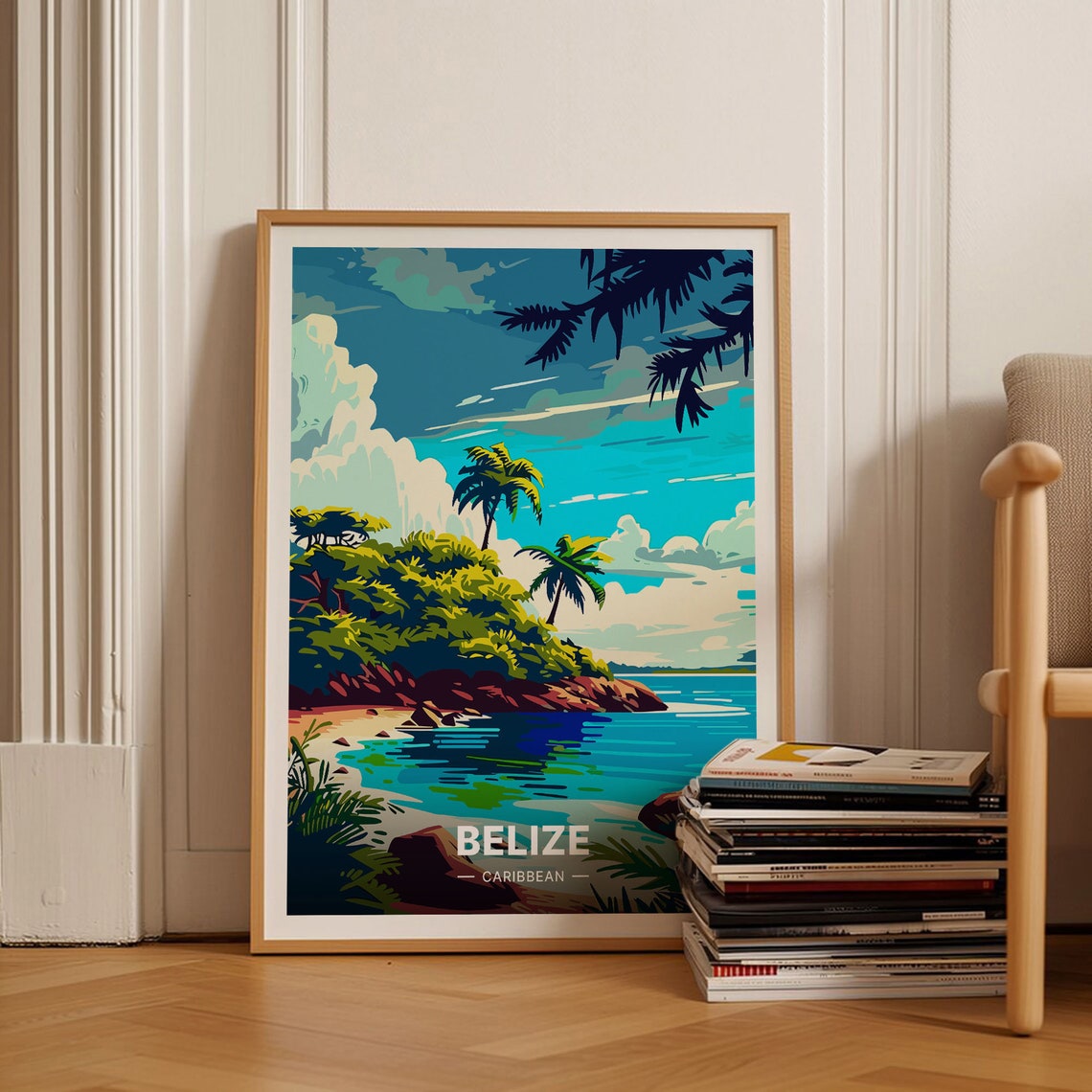Belize Caribbean Vintage Travel Poster Tropical Coastline Palm Art
