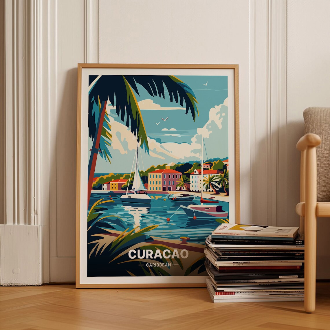 Curacao Caribbean Harbor Sailboats Vintage Island Travel Poster