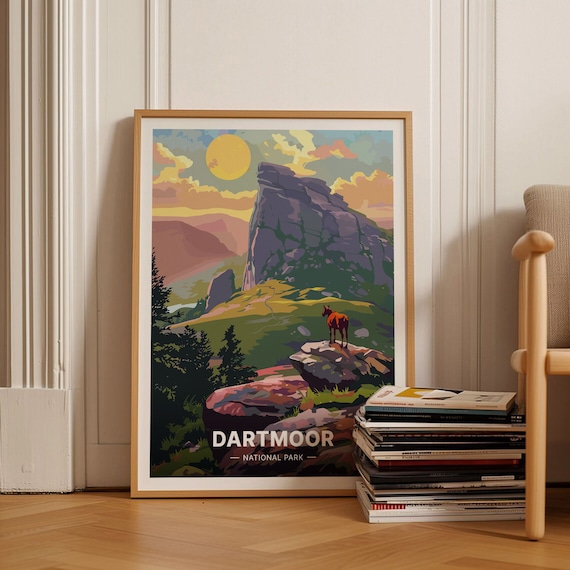 Dartmoor National Park Granite Tor Sunset Vintage Travel Poster