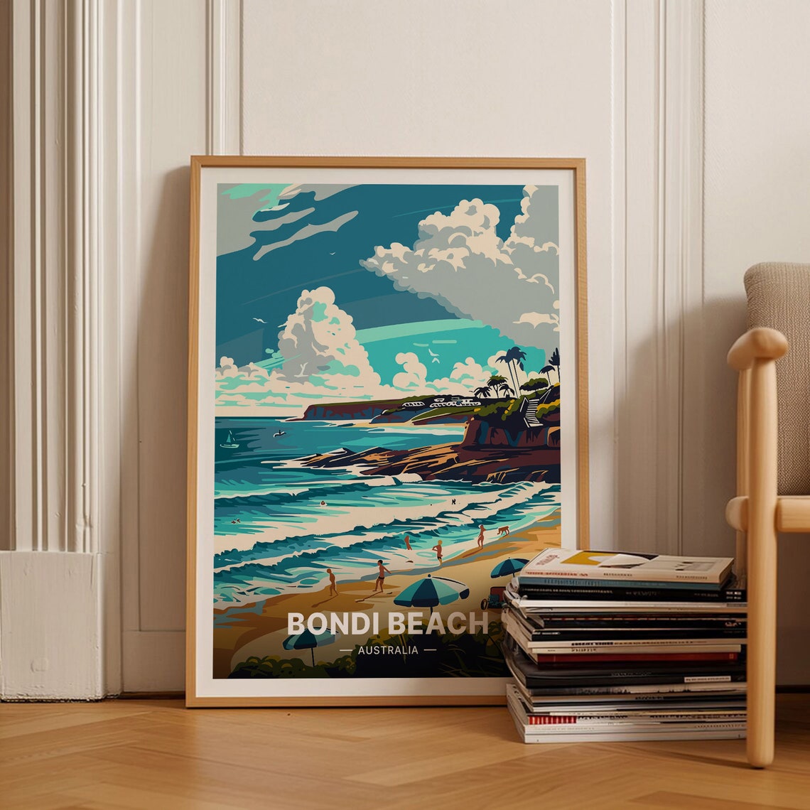 Bondi Beach Australia Sunny Surf Coastal Vintage Scene Poster