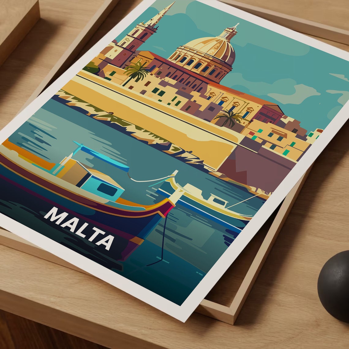 Malta Valletta Grand Harbor Domed Cathedral Retro Travel Poster - Image 3