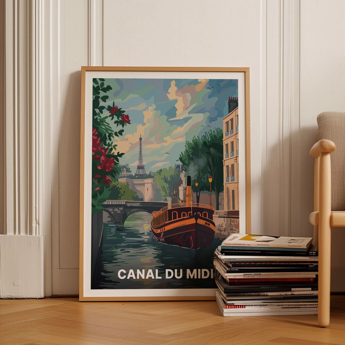 Canal du Midi France Canal Boat and Eiffel Tower Travel Poster