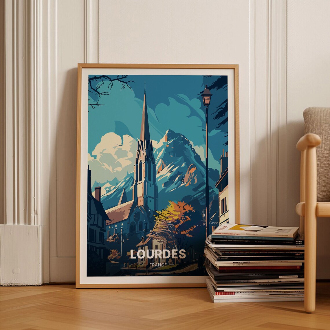 Lourdes France Pyrenees Church Spire Mountain Sanctuary Travel Poster