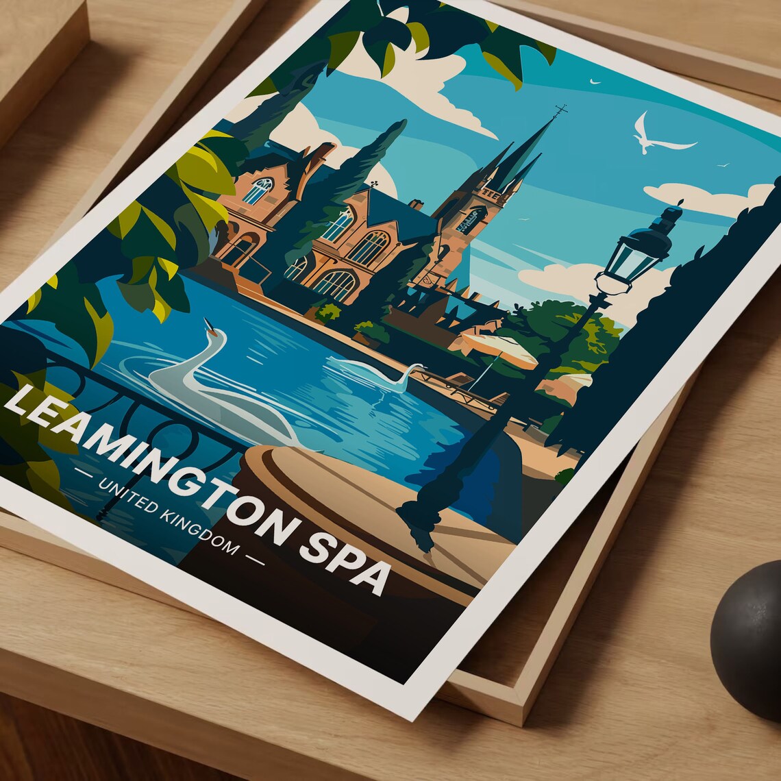 Leamington Spa United Kingdom Swan River Church Spire Vintage Poster - Image 3
