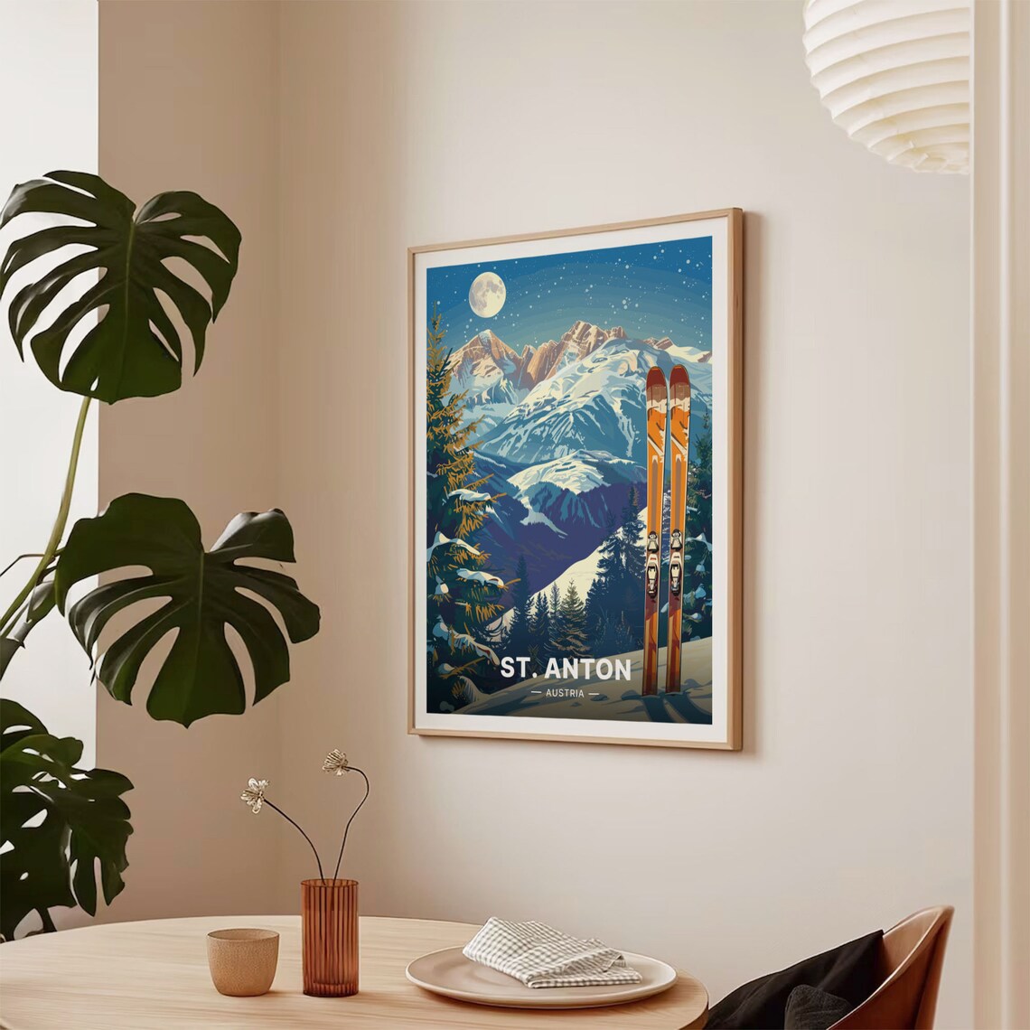 St Anton Austria Ski Resort Vintage Travel Poster Moonlit Mountain Peaks - Image 2