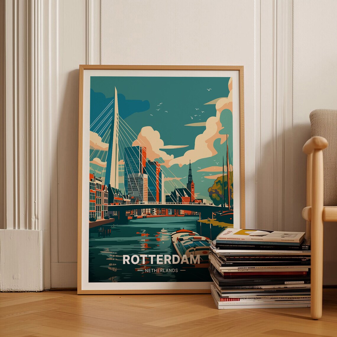 Rotterdam Netherlands Erasmus Bridge Vintage Travel Poster Cityscape Art