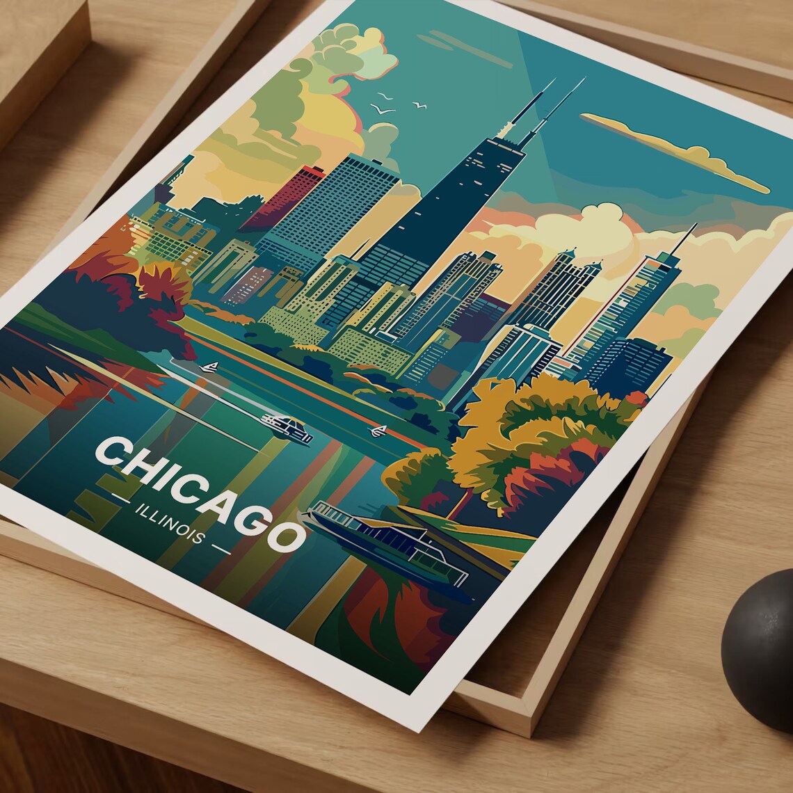 Chicago Skyline Travel Poster, Illinois Cityscape Art Print - Image 3