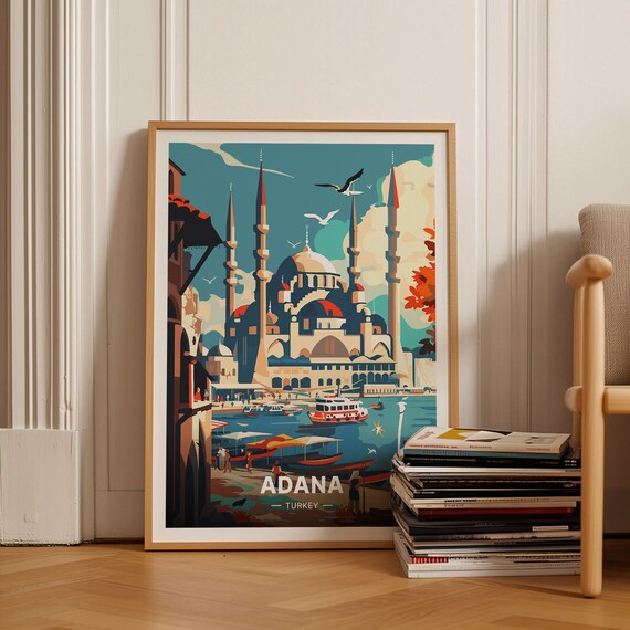 Adana Turkey Mosque Minarets Harbor Waterfront Vintage Travel Poster