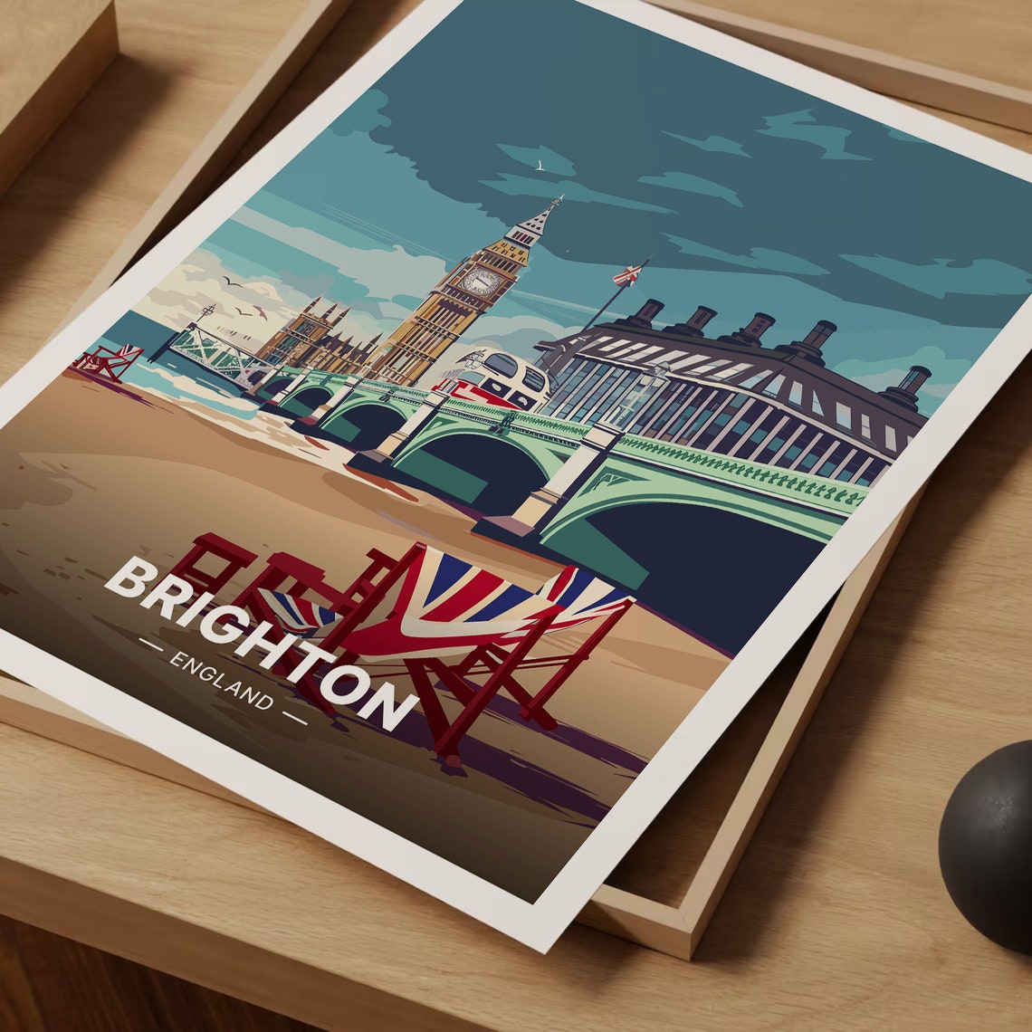 Brighton England Whimsical Beach Scene London Landmarks Poster - Image 3